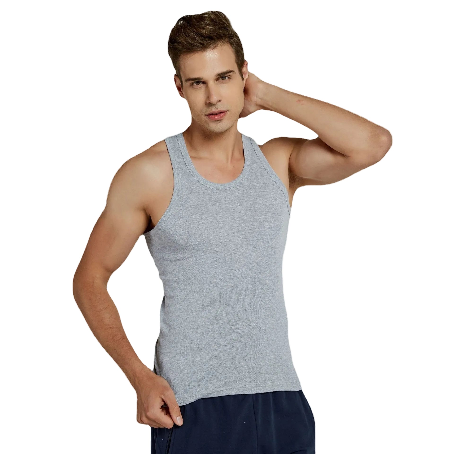 Man wearing a gray tank top on a white background