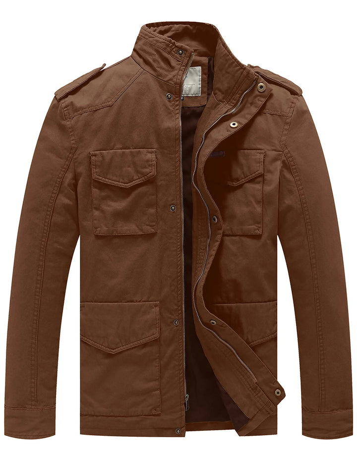 A brown military-style jacket with a stand-up collar, button front, and four front flap pockets, shown on a plain white background.