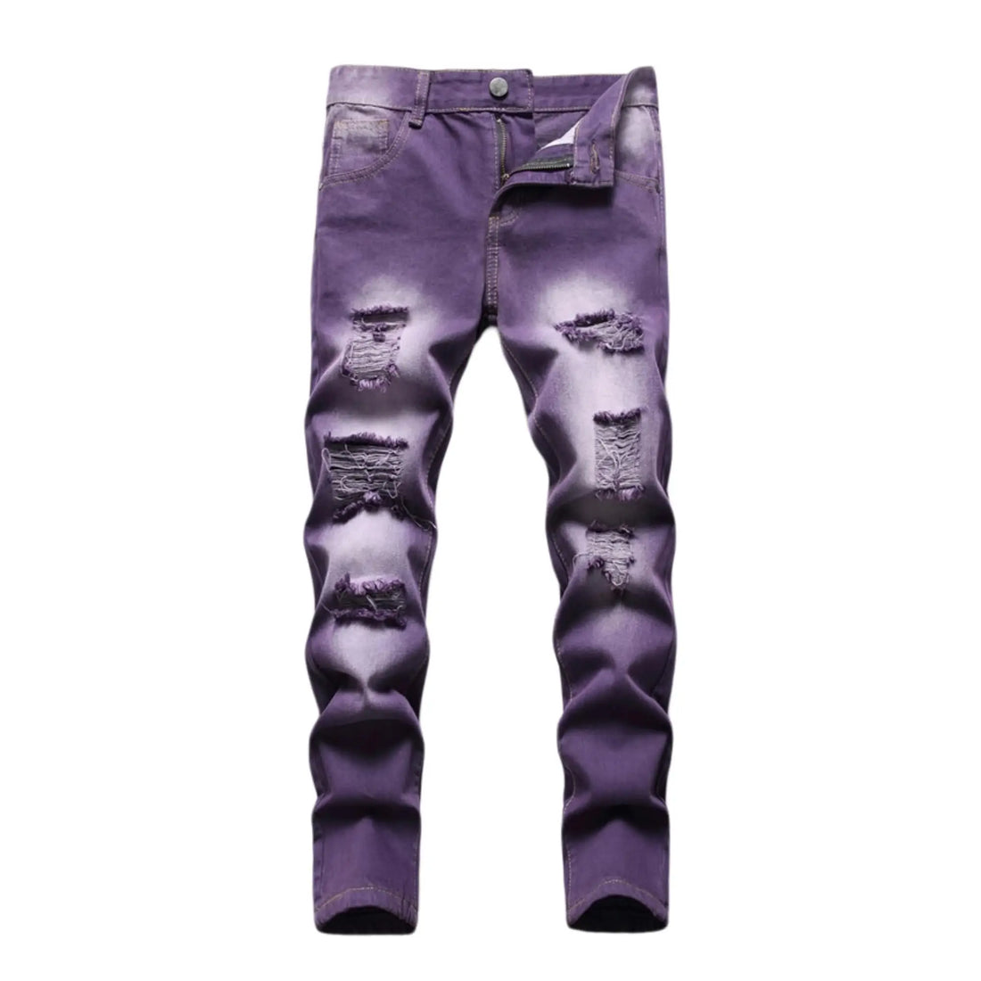 Purple distressed jeans on a white background