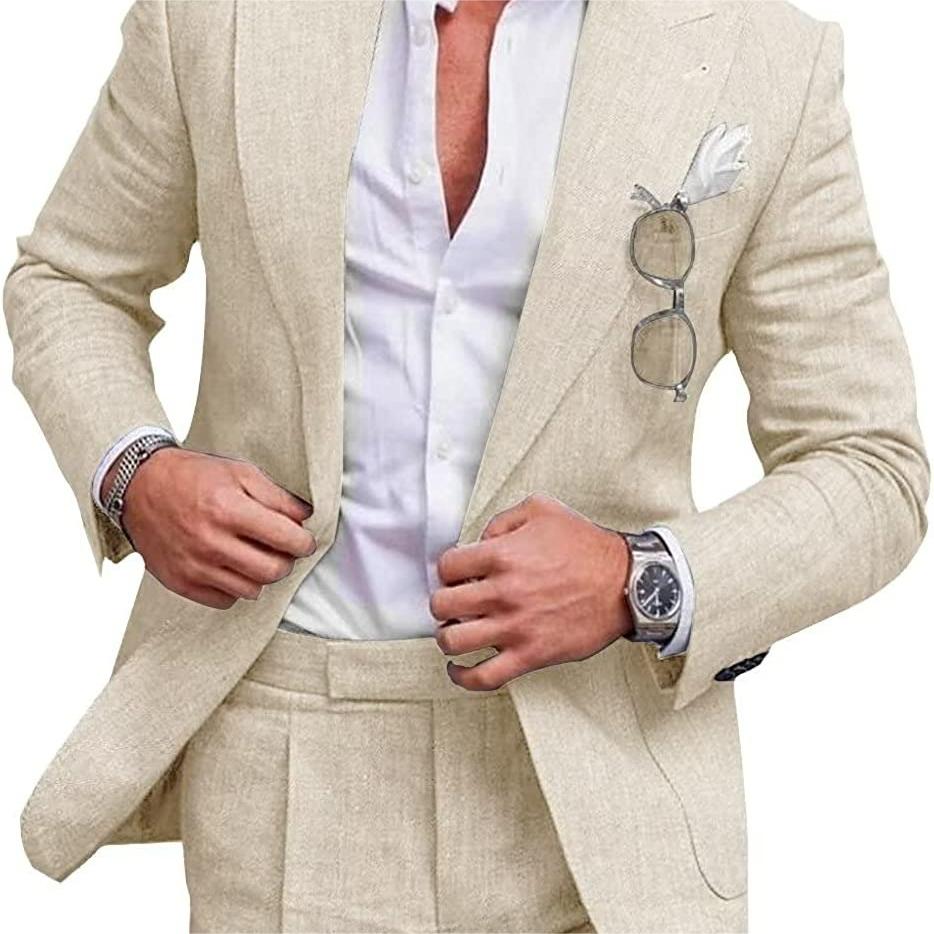 Men's Large Single Row One Button Solid Color Suit Two-piece Set - cas7m