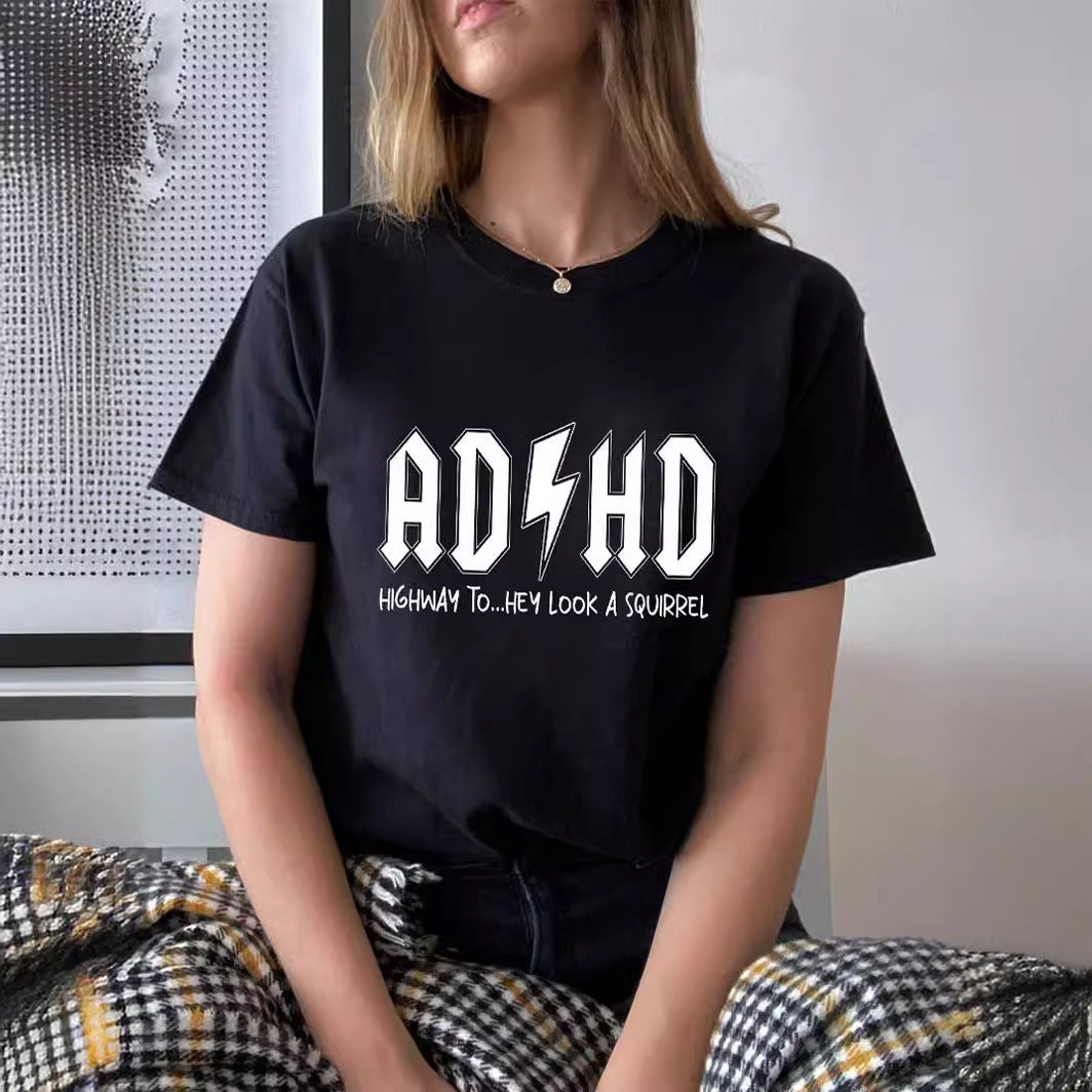 Letter Pattern Printed Women's Cotton T-shirt Short Sleeve - cas7m