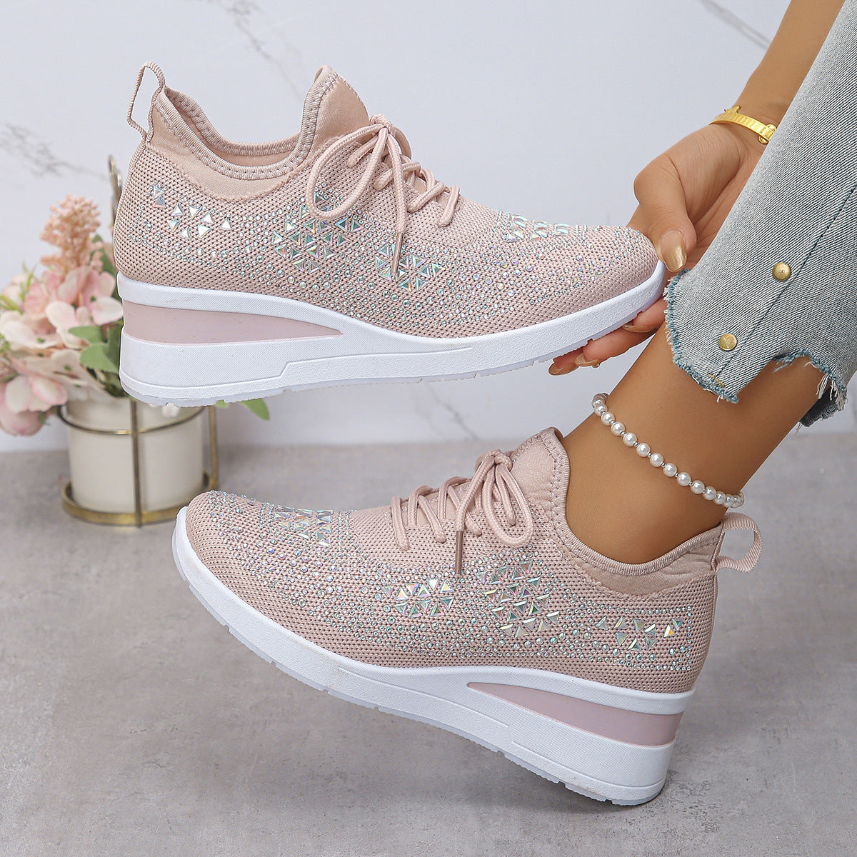 Ins Rhinestone Sneakers Fashion Lace Up Wedges Casual Shoes Women's Daily Commuting Sports Shoes - cas7m