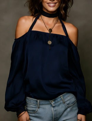 Halter Neck Off-shoulder Puff Sleeve Top For Women - cas7m