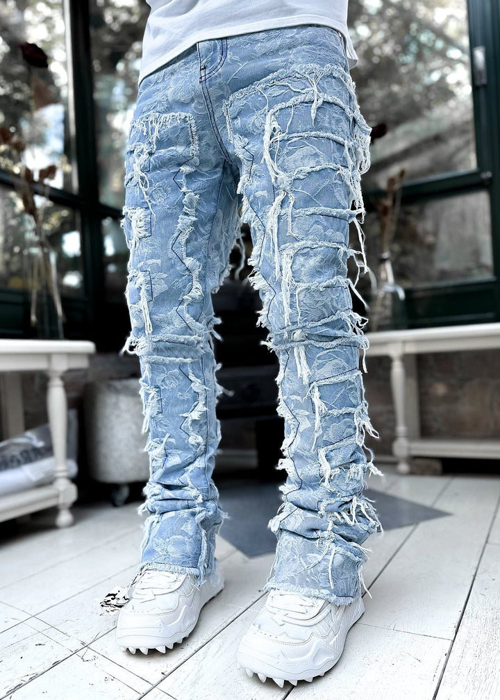 Ins Fringes Ripped Trousers Individual Patched Pants Long Tight Fit Stacked Jeans For Mens Clothing - cas7m