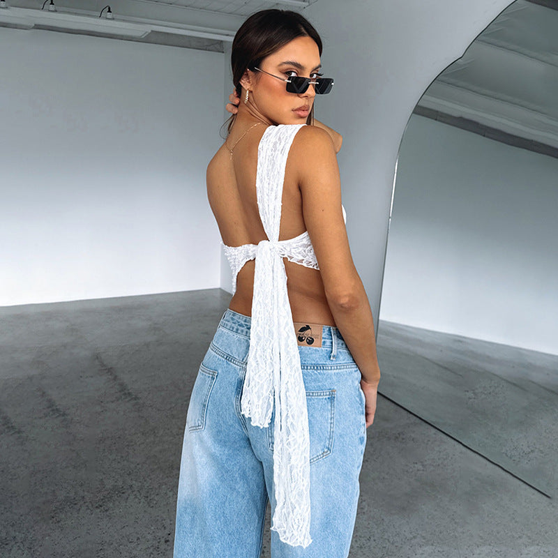Ins Lace Backless Top Summer Solid Color Waistless Asymmetrical Sloped Neck Vest Streetwear Womens Clothes - cas7m