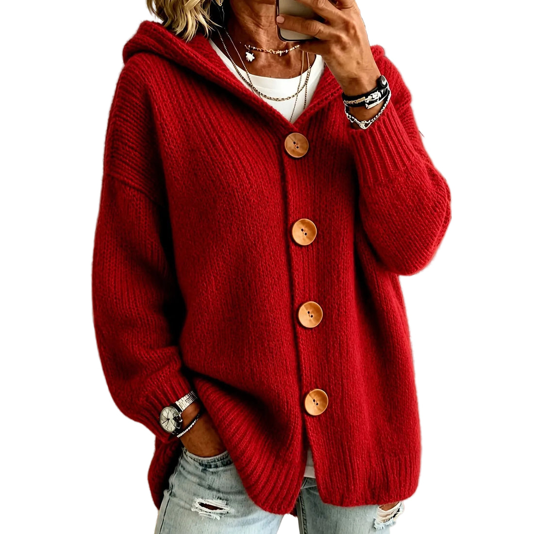 Hooded Cardigan Sweater Jacket With Four Buttons - cas7m
