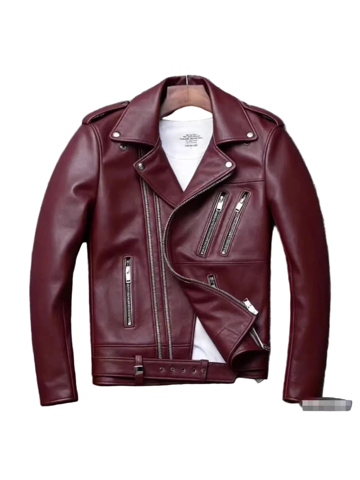 A dark burgundy faux leather motorcycle jacket with silver zippers, displayed on a hanger over a white t-shirt against a gray textured background.