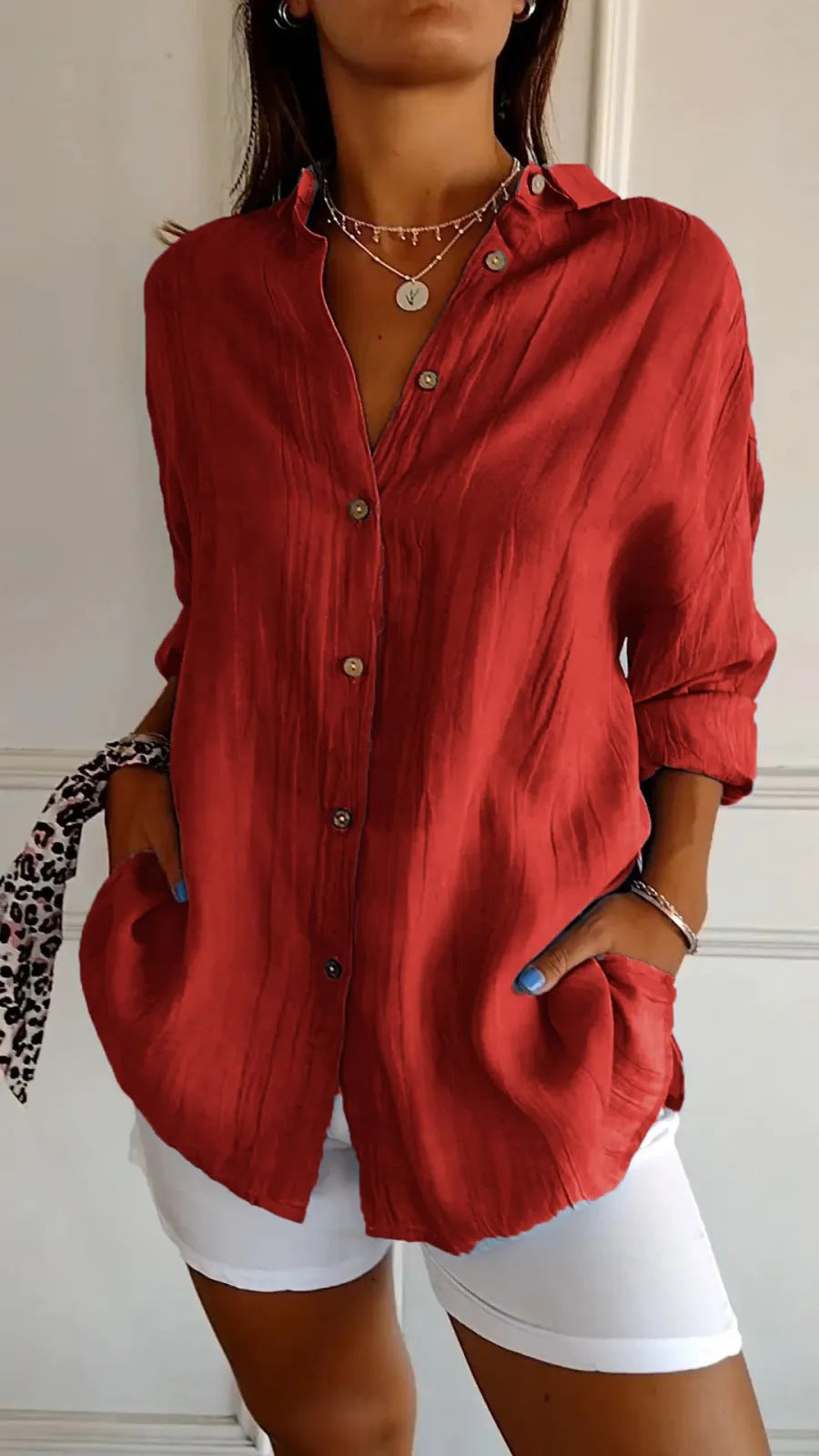 Lapel Long Sleeve Shirt Women's Single-breasted Pleated Shirt Tops Clothing - cas7m