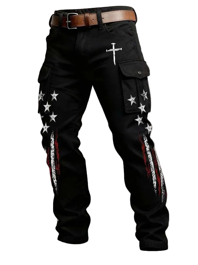 Black cargo pants with star and cross designs on a textured gray background
