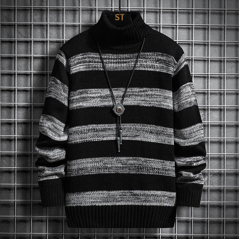 High-neck Men's Autumn And Winter Long-sleeved Trendy Slim Striped Sweater - cas7m