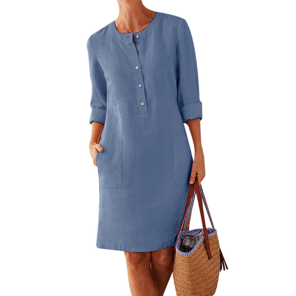 Plus Size Women's Cotton And Linen Round Neck Long Sleeve Dress - cas7m
