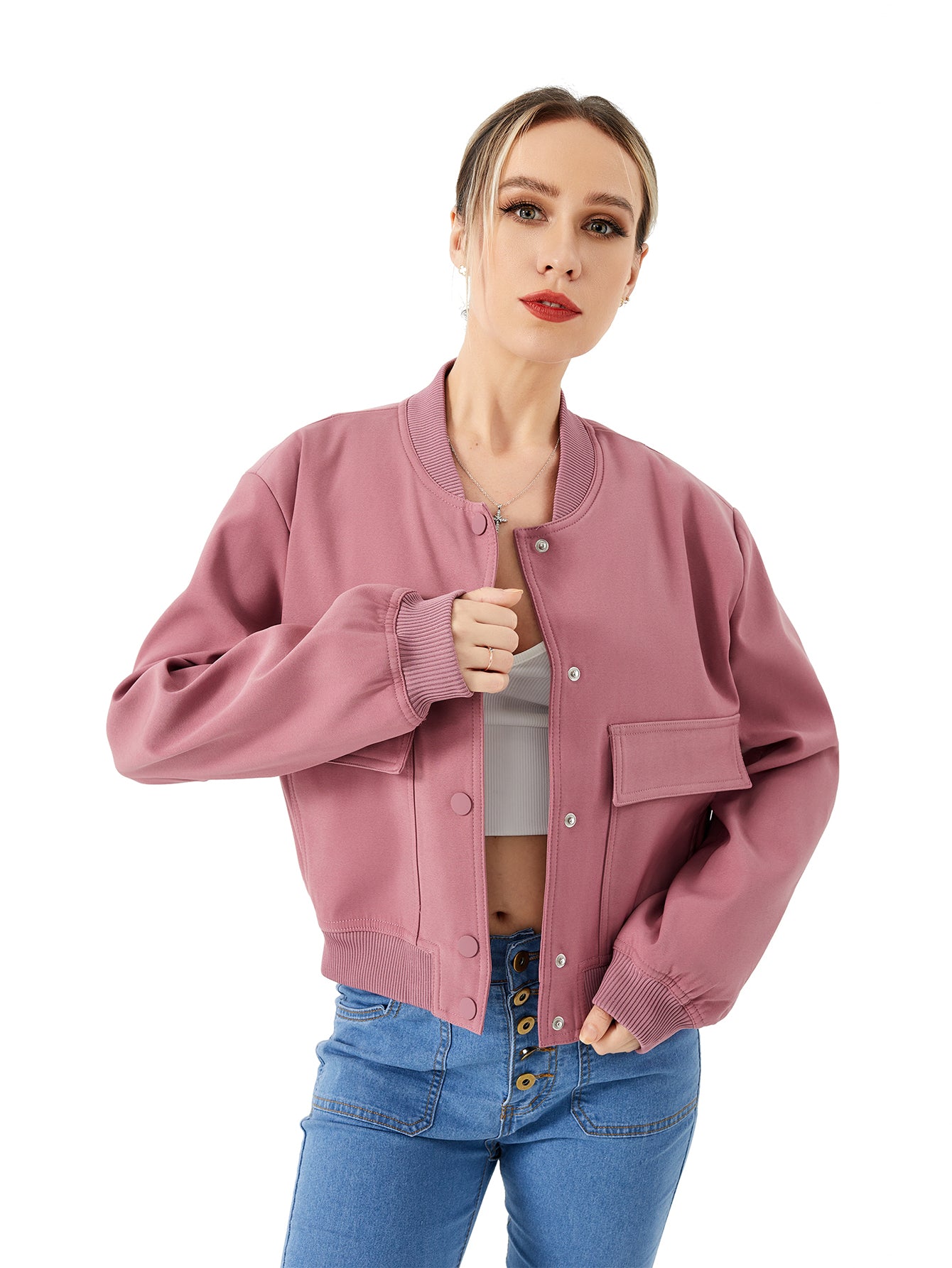 Women's Lightweight Cropped Bomber Jacket Casual Long Sleeve Varsity Jacket With Pocket Fashion Y2k Jacket Streetwear - cas7m