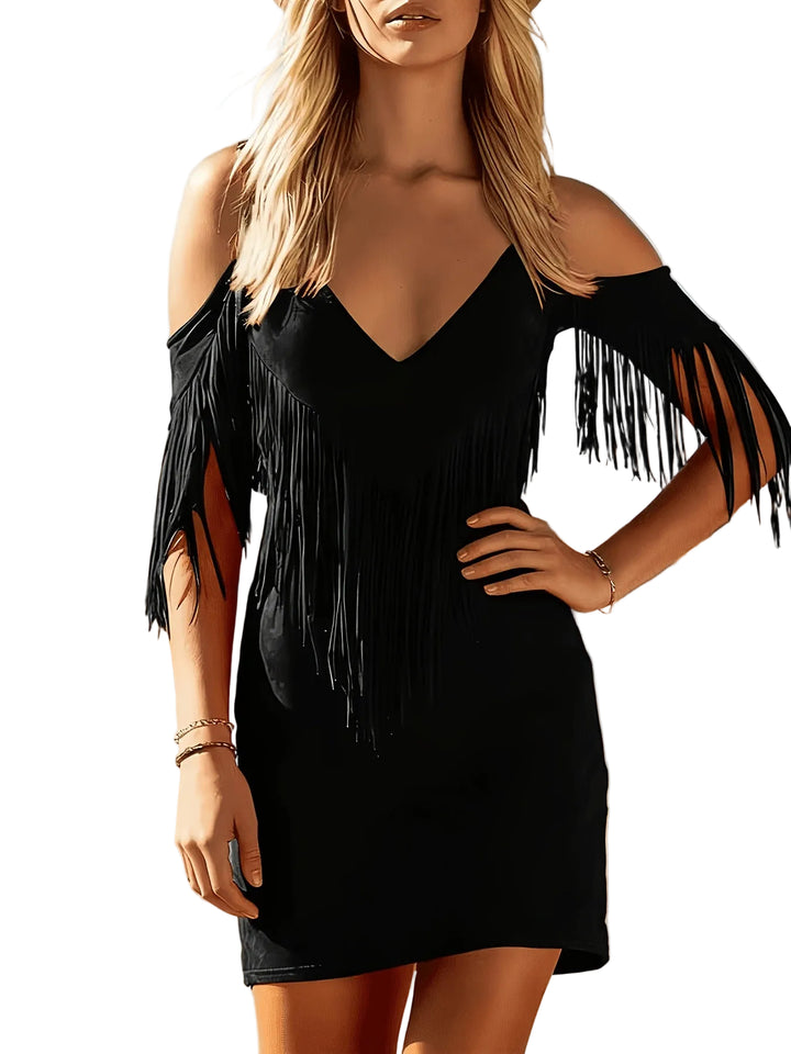 Western V-neck Short-sleeve Tassel Faux Suede Mini Skirt - cas7m