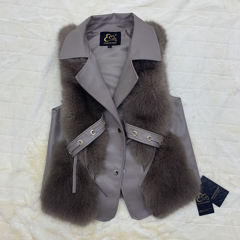 Warm Leisure Stitching Women's Fur Vests - cas7m