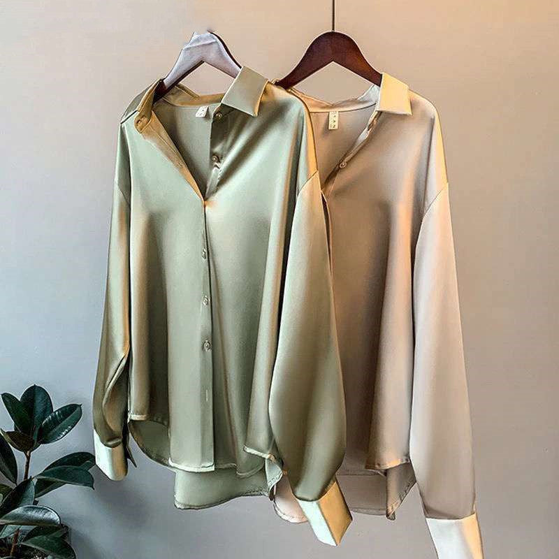Women's Long-sleeved Satin Shirt - cas7m