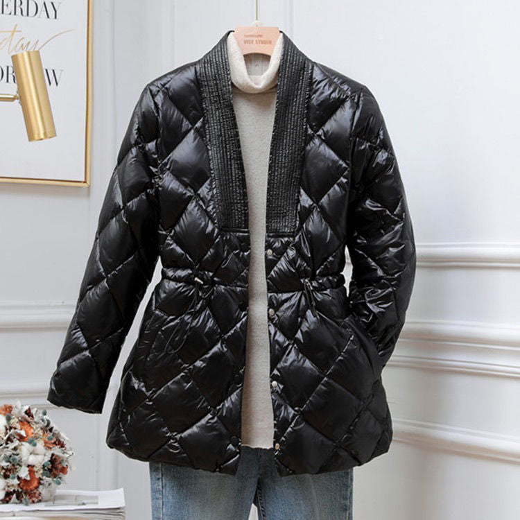 Rhombus Cotton-padded Jacket Women's Mid-length Large V-neck Jacket - cas7m