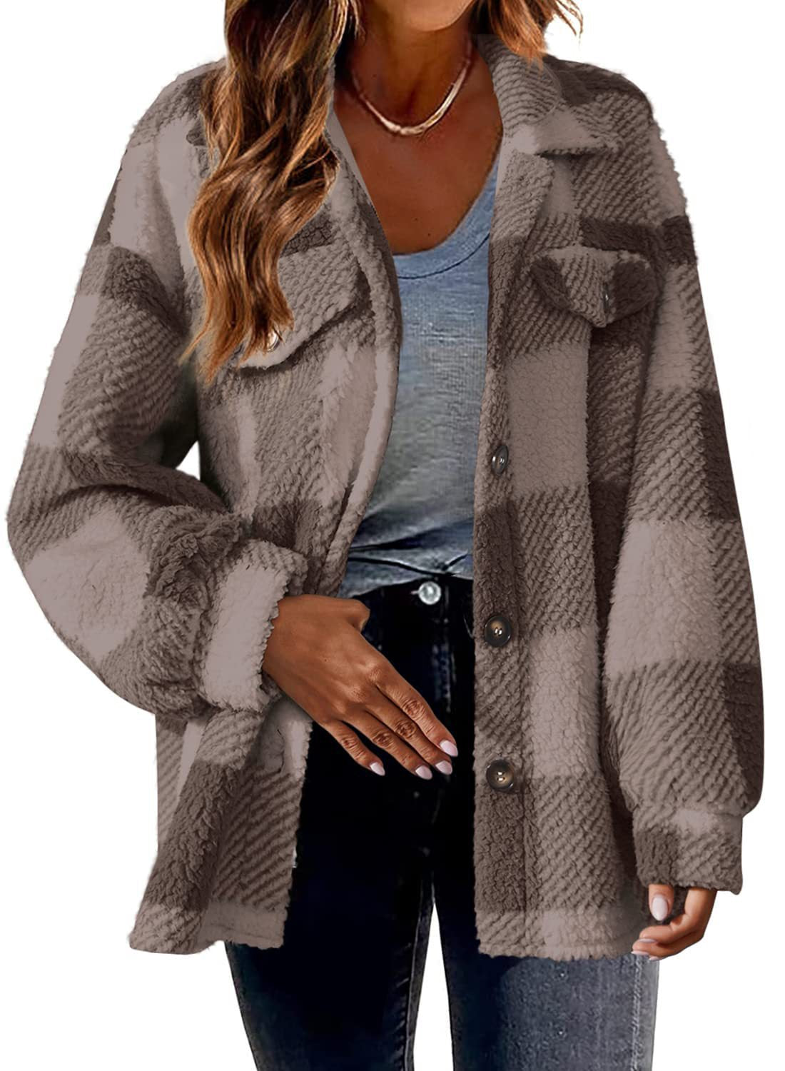 Turndown Collar Plaid Jacket With Pockets Single Breasted Button Down Woolen Jacket Autumn And Winter Clothes For Women - cas7m