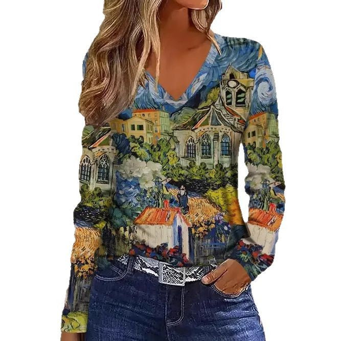 Fashionable Casual Geometric V-Neck Long-Sleeve Top For Women - cas7m
