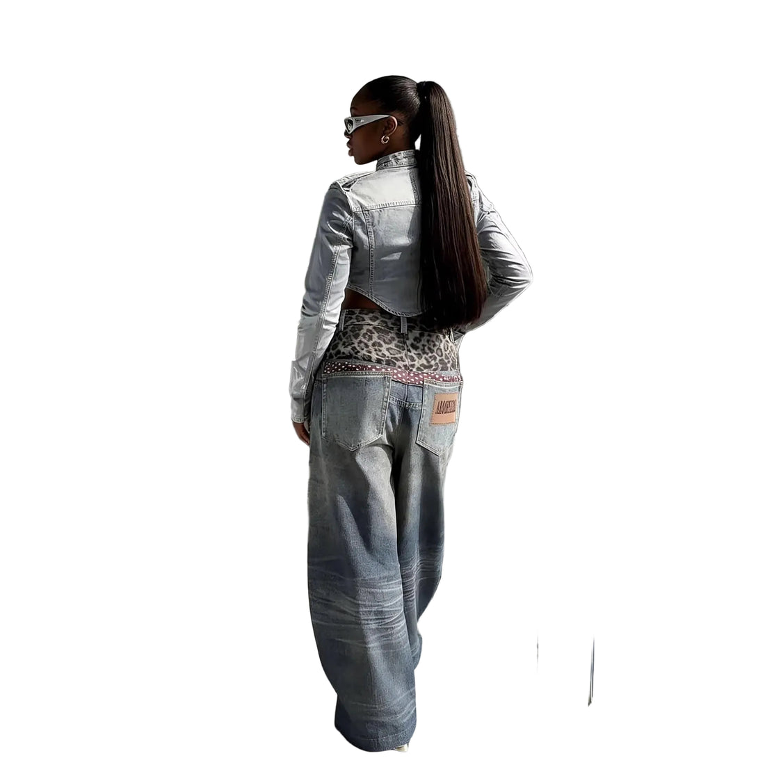 Street Style Fun Leopard Print 3D Printed Denim Pants with Double Waistband