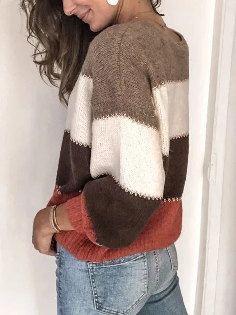 Women Sweater Pullover Round Neck Stripe Long Sleeve Sweater Coat Women Fashion Autumn Knitwear - cas7m