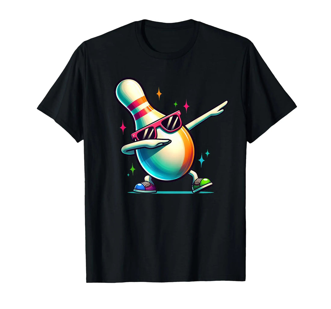 Black t-shirt with a colorful bowling pin design wearing sunglasses on a white background