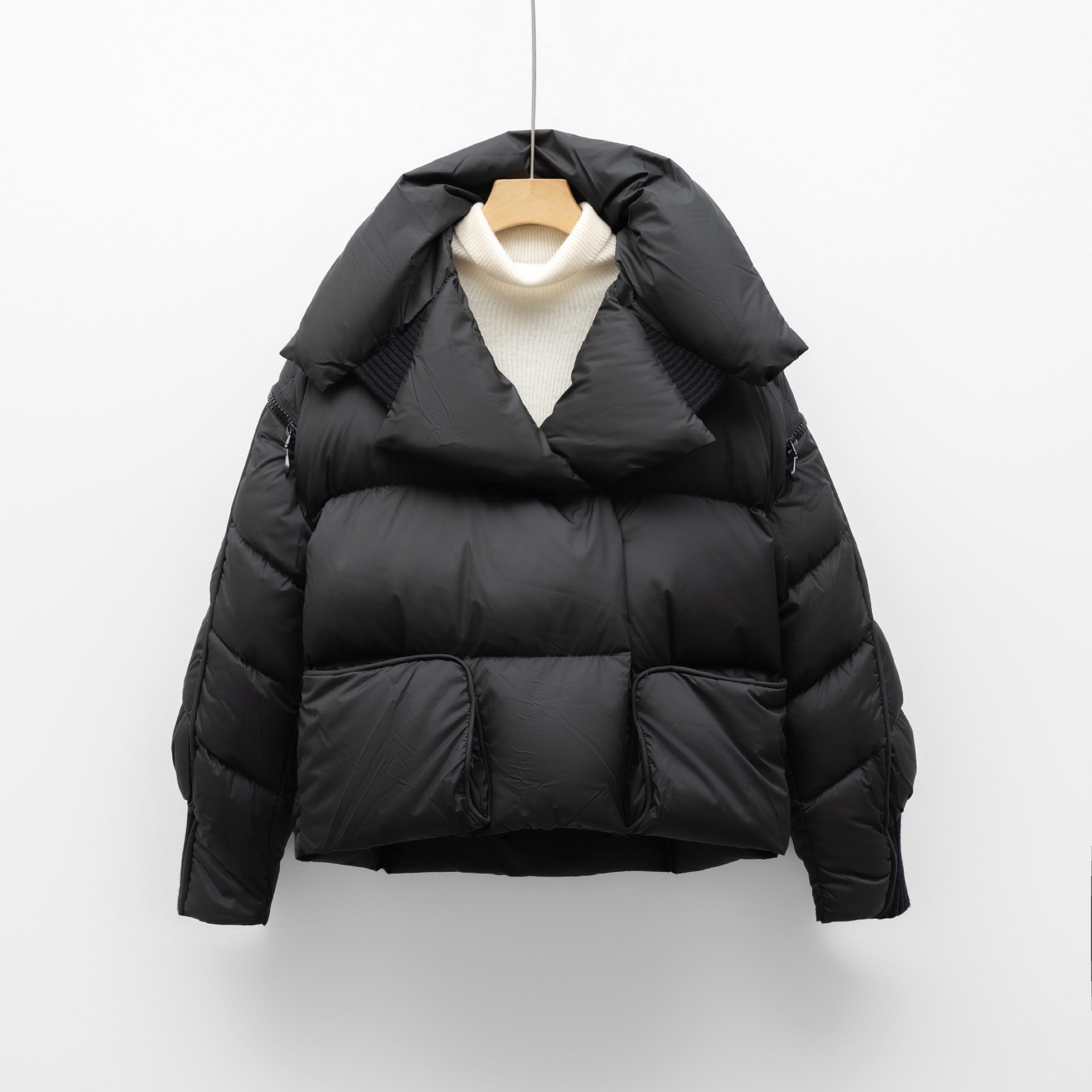 Korean-style Knitted Patchwork Large Lapel Short Down Jacket For Women - cas7m
