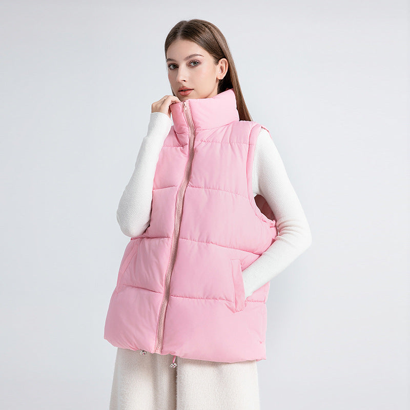 Women's Sleeveless Mid-length Stand-up Collar Thermal Down Cotton Thickened Vest - cas7m