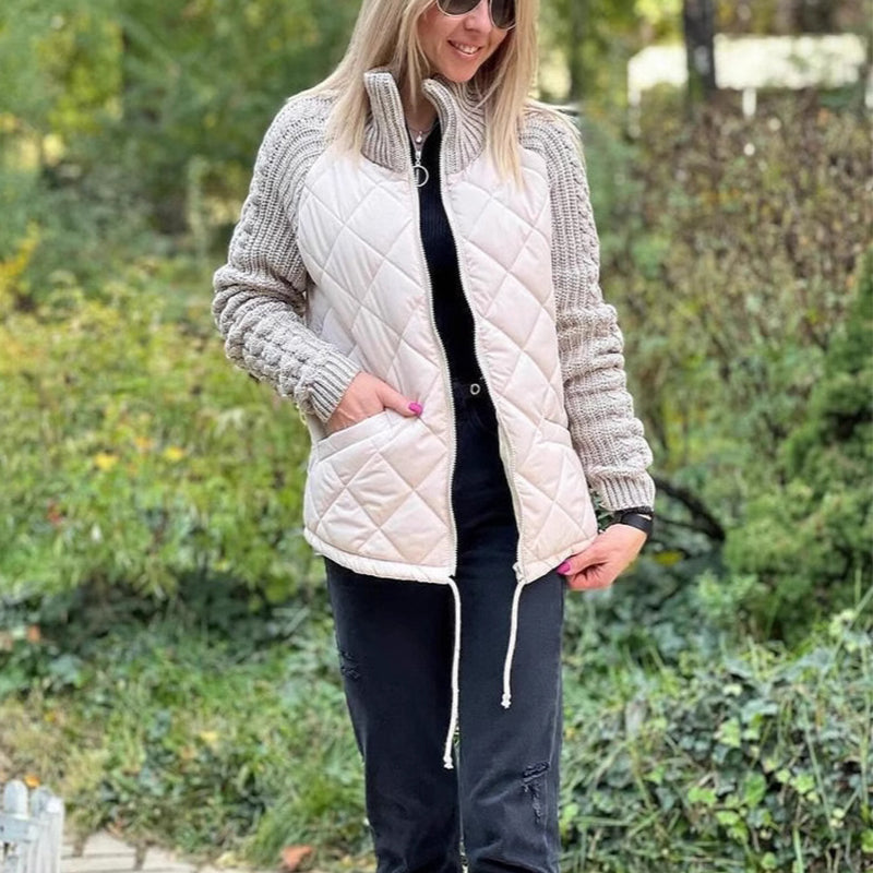 Winter Stand Collar Cotton Jacket With Pockets Fashion Knitted Stitching Zipper Coat Warm Tops For Women Clothing - cas7m