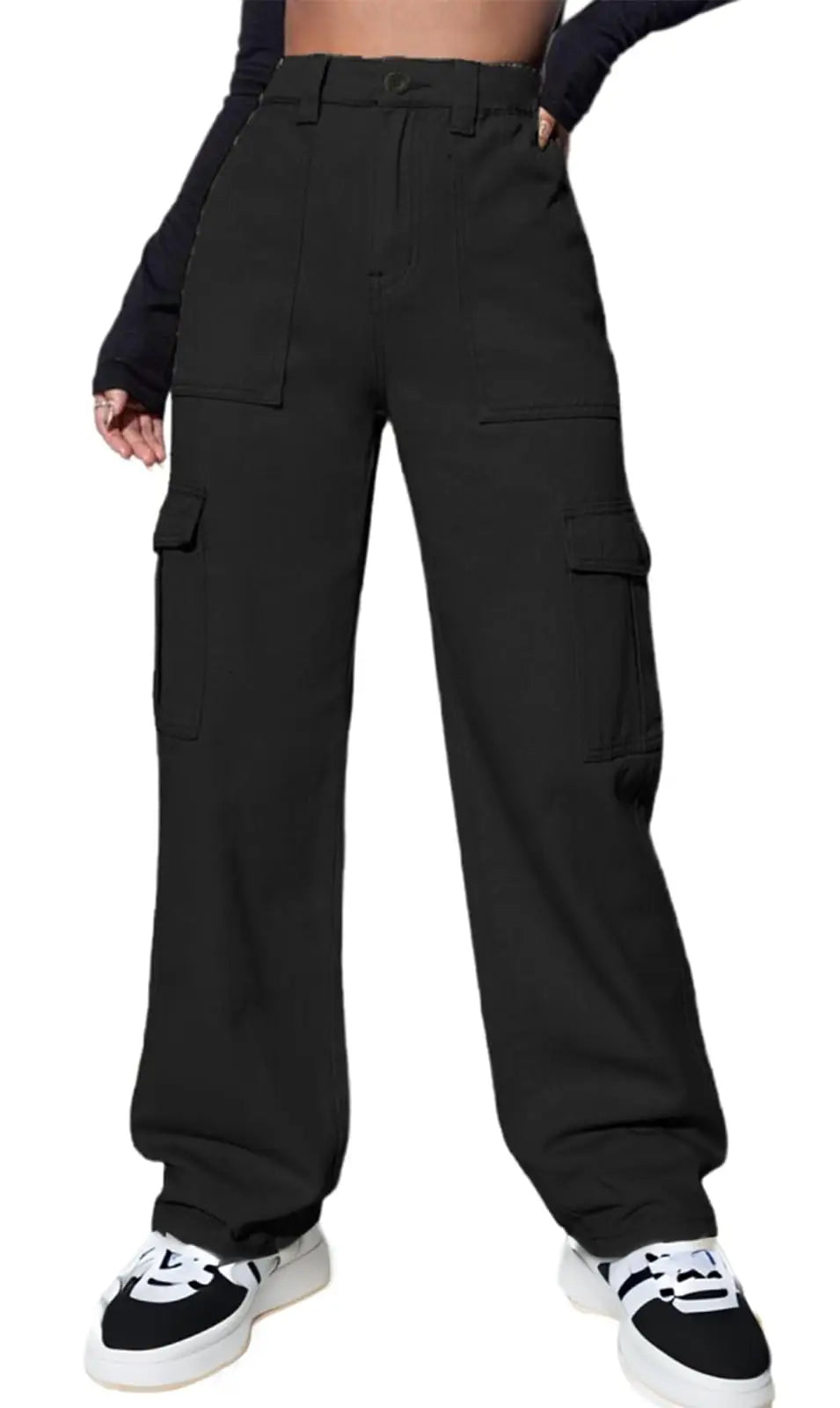 Black cargo pants worn by a person on a white background