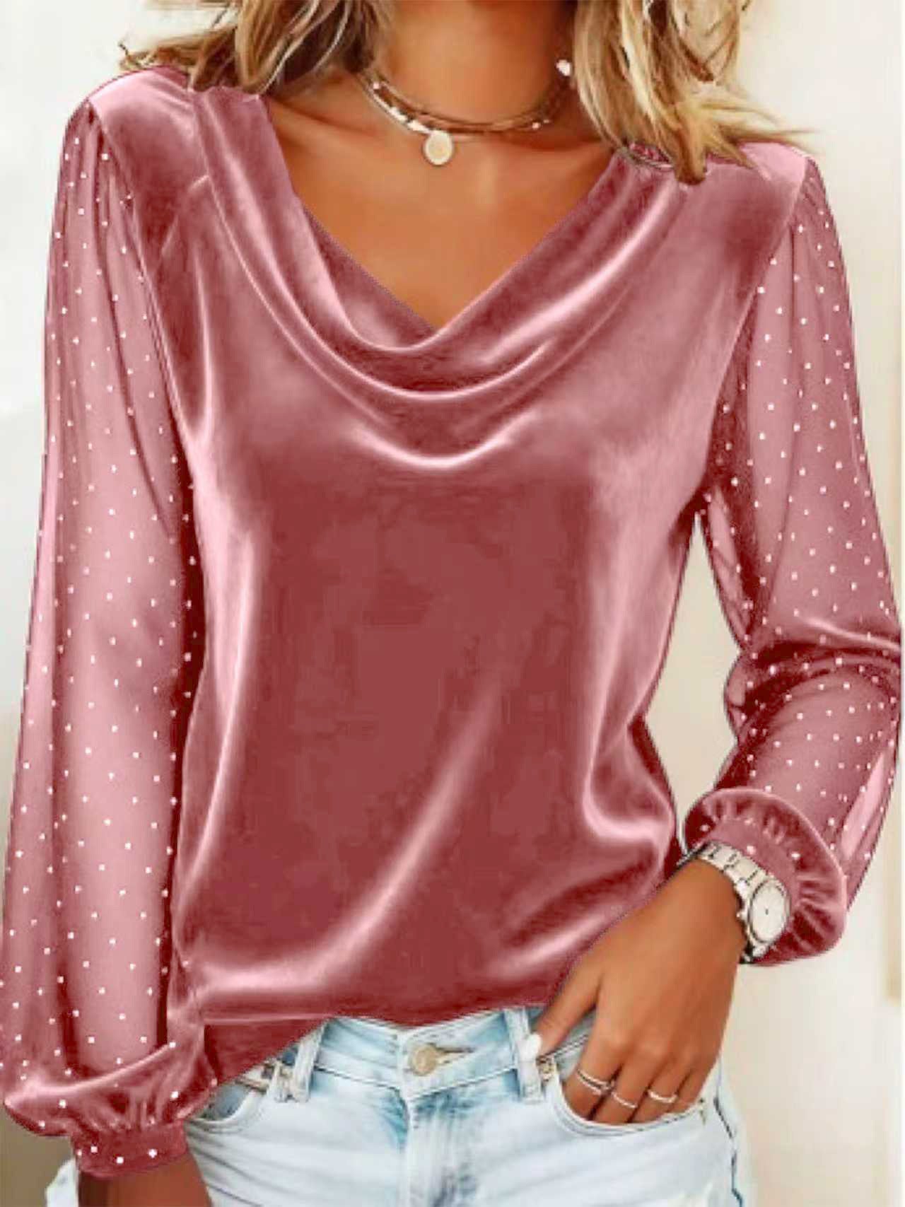 Women's Long Sleeve V-neck Velvet T-Shirt Women Elegant Diamond Mesh Sleeve Loose Tee Tops Christmas Clothes Women Shirt Red - cas7m