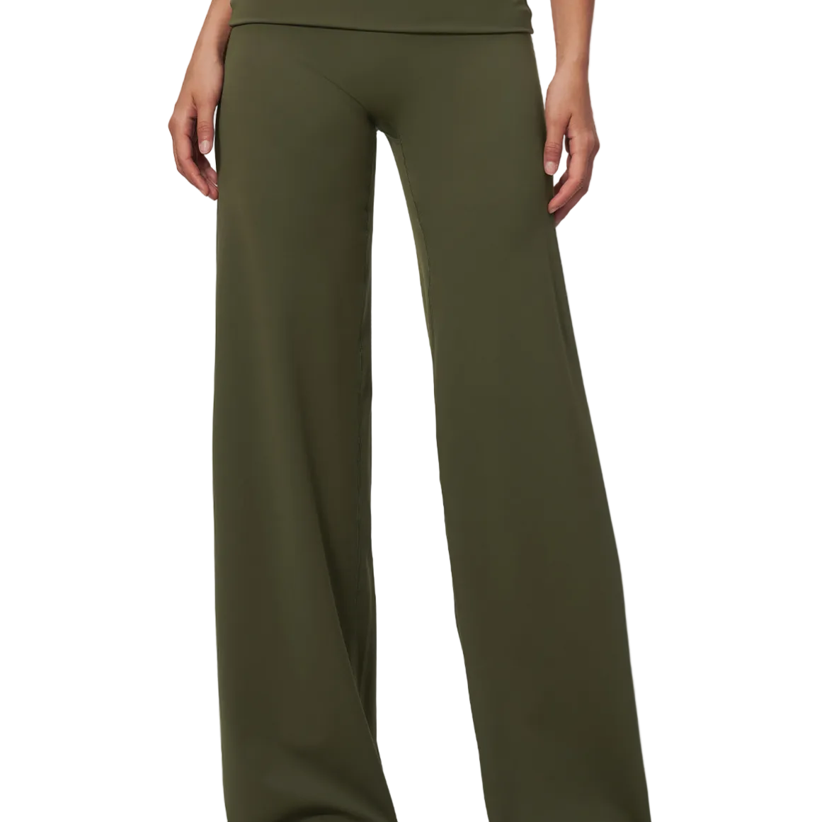 A person wearing olive green wide-leg pants, shown from the waist down against a plain light gray studio background.