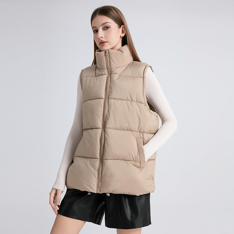 Women's Sleeveless Mid-length Stand-up Collar Thermal Down Cotton Thickened Vest - cas7m