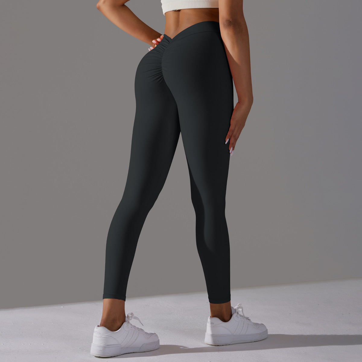 Brushed V Waist Pleated Solid Color Yoga Pants - cas7m