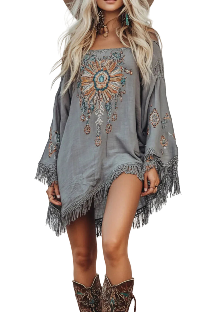 Western Linen-Blend Loose Flare-Sleeve Dress - cas7m