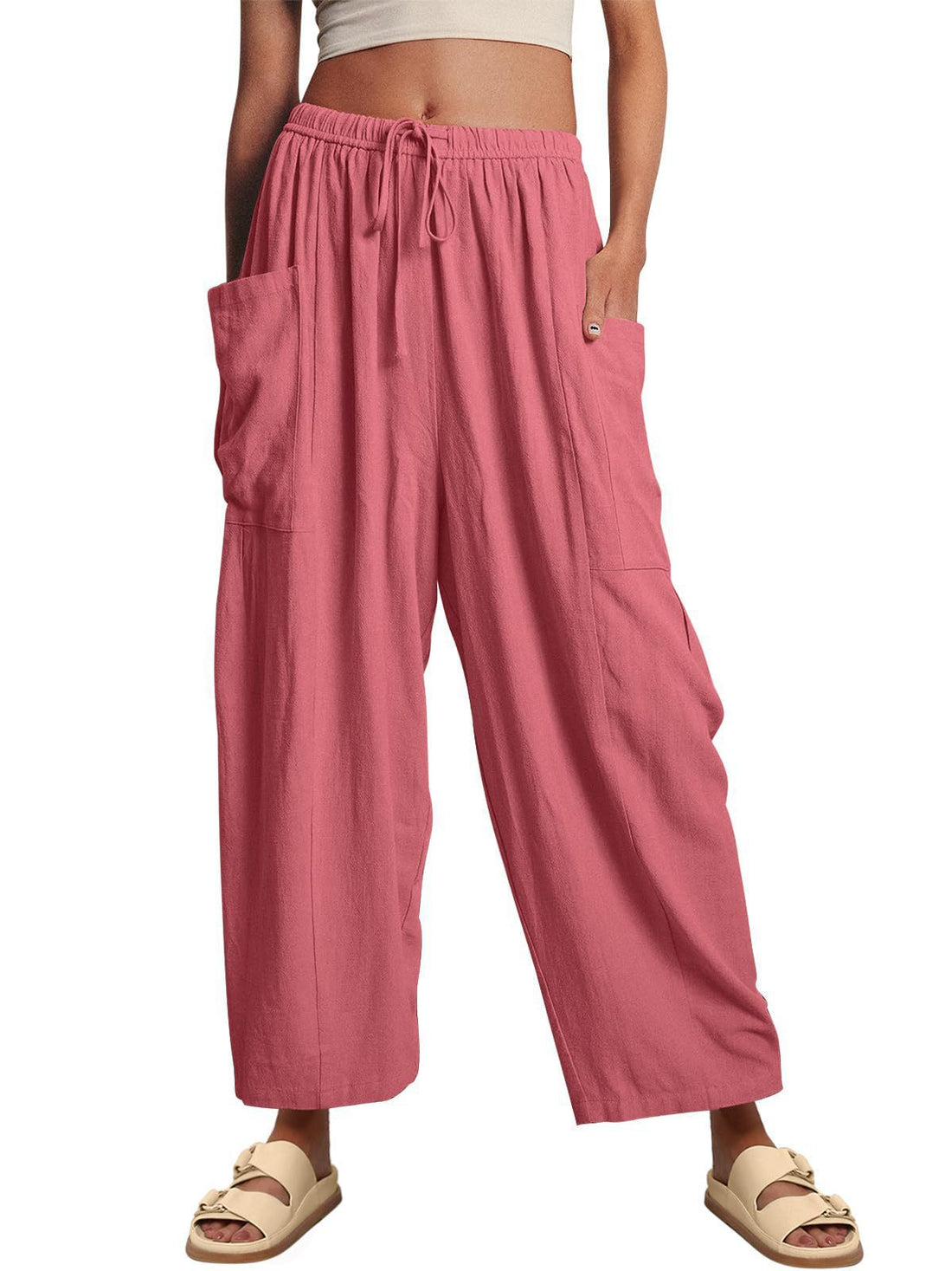 Striped Straight-leg Pants Elastic Waist Cropped Pleated Pants - cas7m