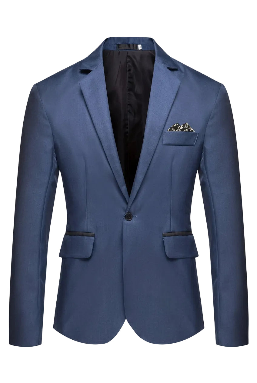 A men's slim-fit blazer in a textured medium blue fabric, featuring a black single-button closure, notched lapels, flap pockets with black piping, and a decorative patterned pocket square in the chest pocket.