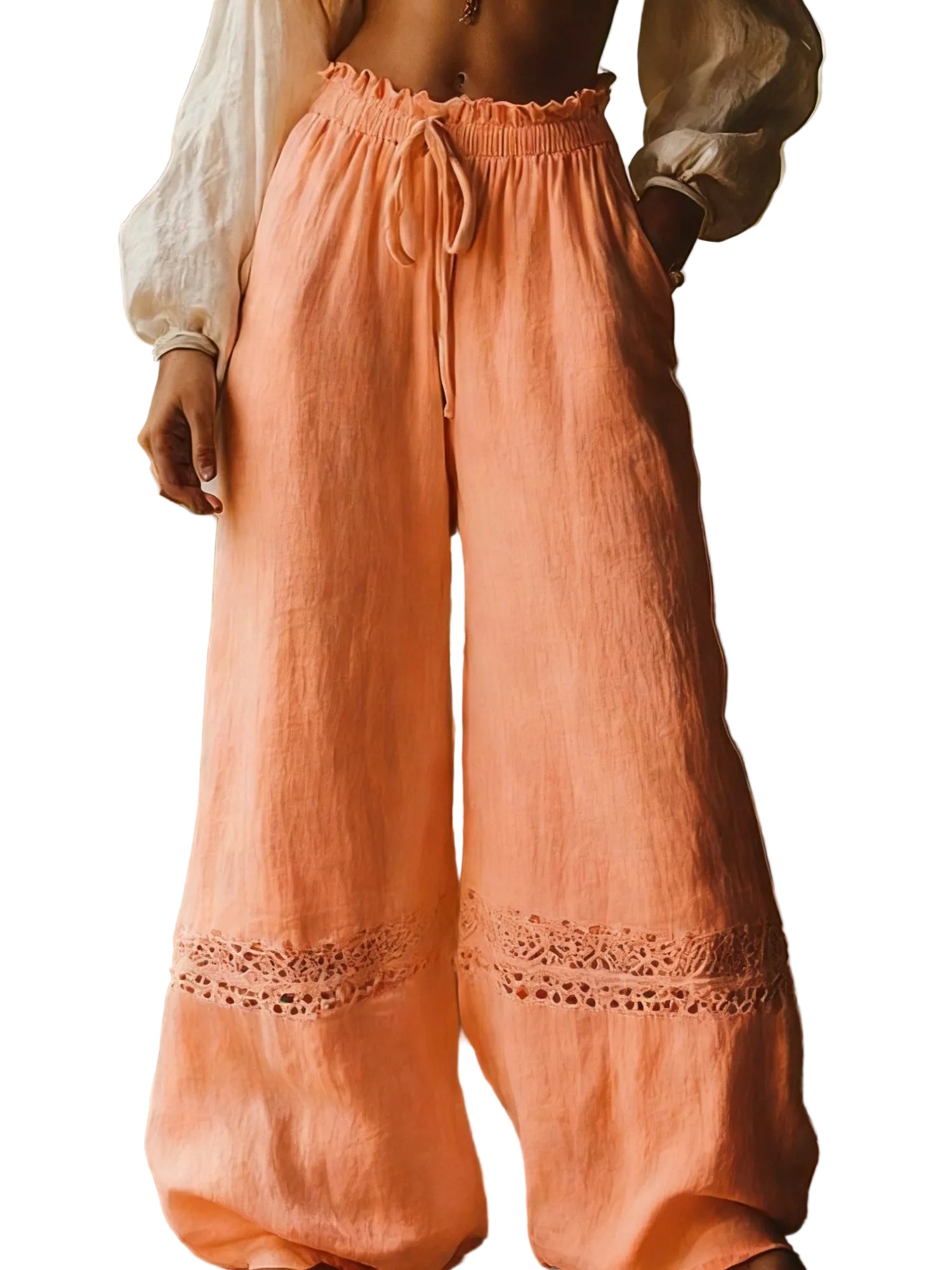 Hollow-out Elastic Waist Wide-leg Pants - cas7m