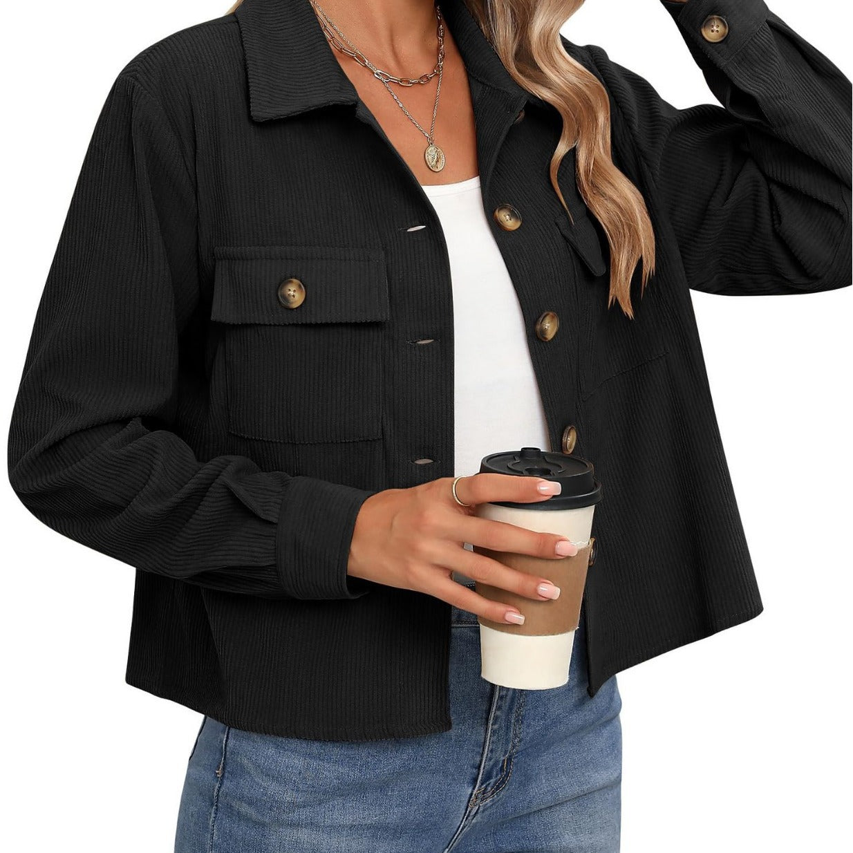 Corduroy Button Cropped Jacket For Women - cas7m