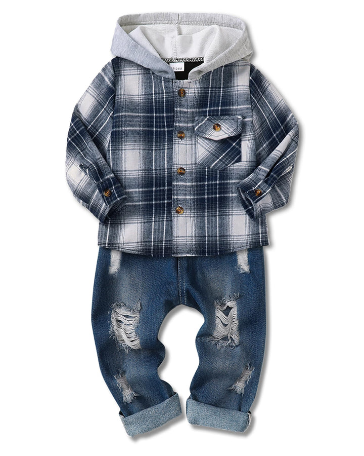 A children's two-piece outfit featuring a navy and white plaid hooded jacket with a gray-lined hood and distressed blue denim pants with ripped details and cuffed hems, shown on a plain white background.