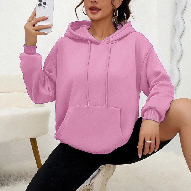 All-matching Loose Drawstring Pocket Sweatshirt Long Sleeve Women - cas7m