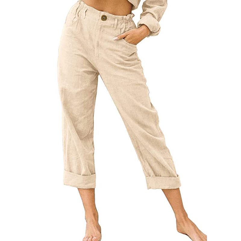 Patchwork Pant Women's Cotton Linen Pants Drawstring Back Elastic Waist Pants Loose Casual Trousers - cas7m