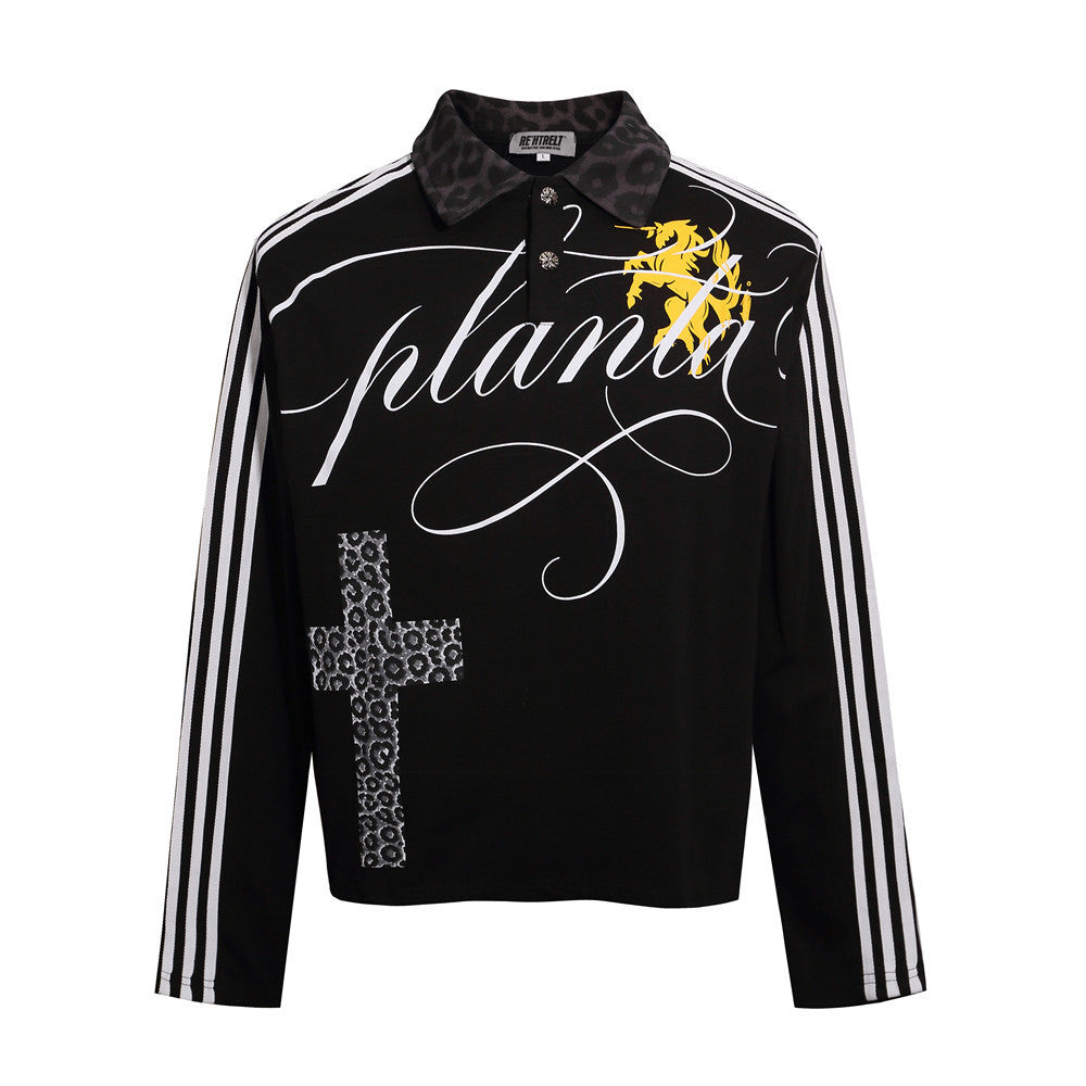 Hip Hop Gothic Cross Three Stripes Print Long Sleeve Collared Polo Shirt