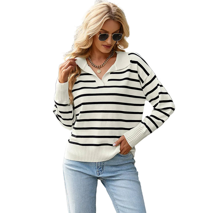 Women Striped Long Sleeve Pullover Sweater Casual Loose Polo V Neck Color Block Lightweight Knitted Fall Shirts Tops - cas7m