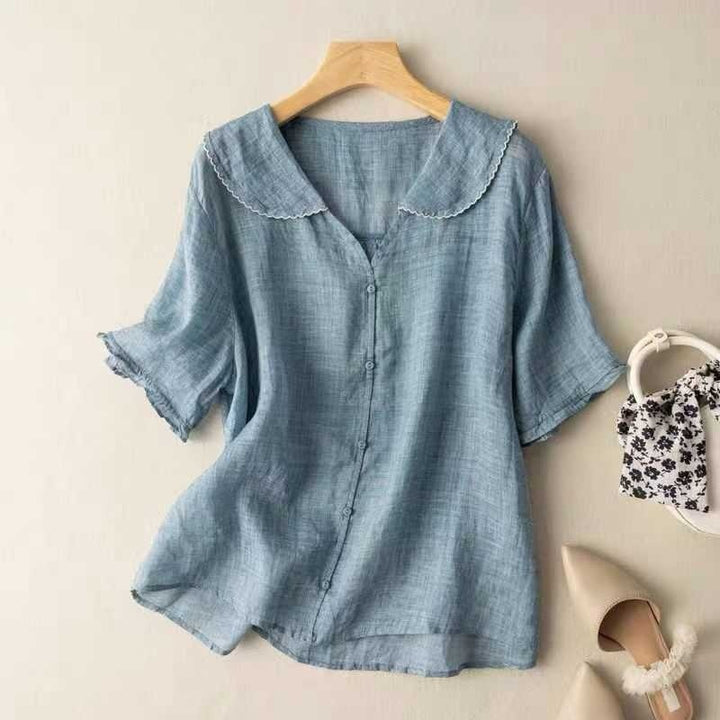 Women's Ramie Artistic Retro Cotton And Linen Doll Collar Loose Top - cas7m