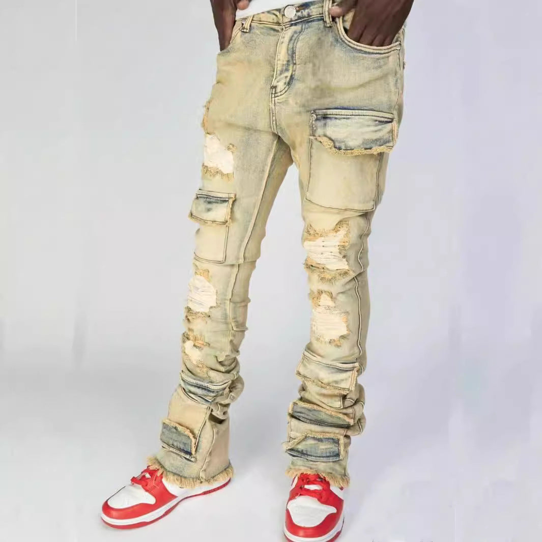 Men's Denim Straight-leg Overalls European And American Fashion Stretch Ripped Laminated Micro-pull Pants - cas7m