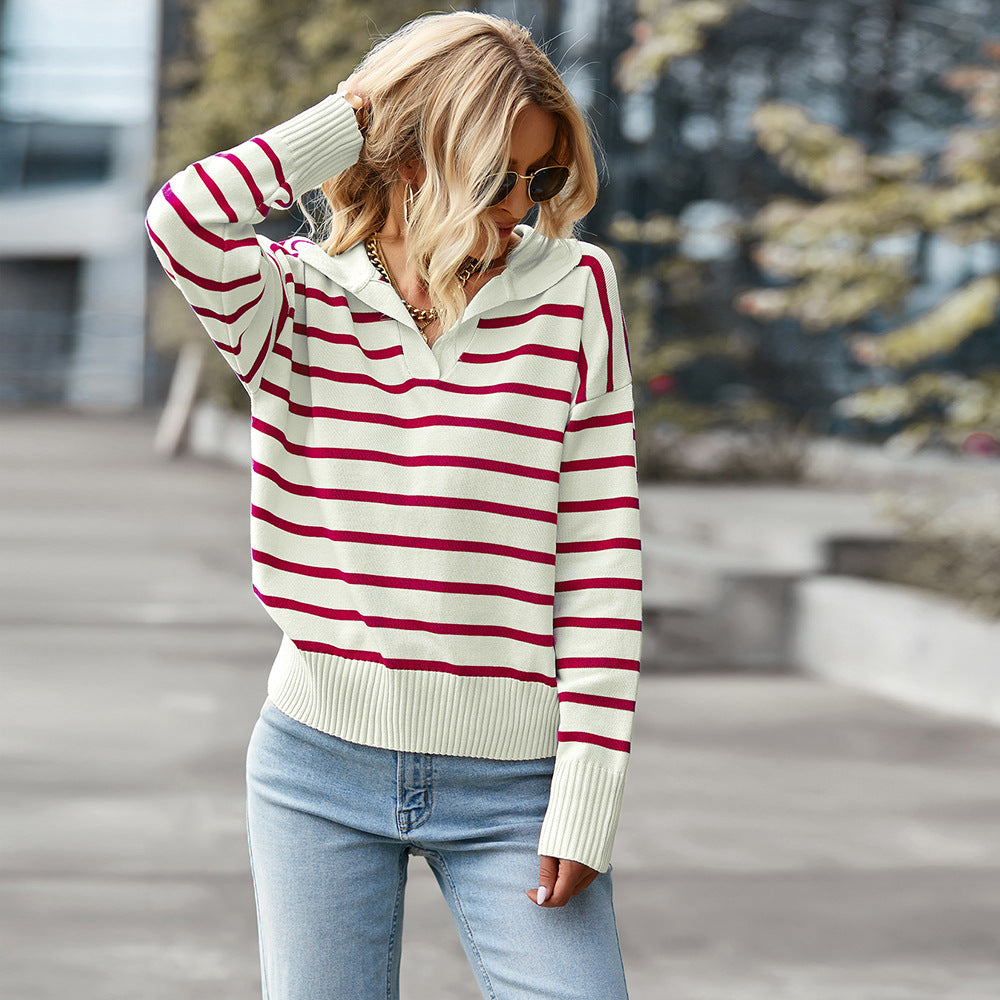 Women Striped Long Sleeve Pullover Sweater Casual Loose Polo V Neck Color Block Lightweight Knitted Fall Shirts Tops - cas7m