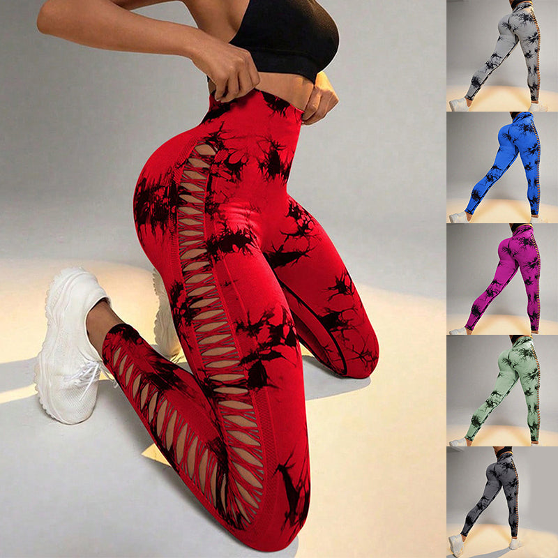 Hollow Tie Dye Printed Yoga Pants High Waist Butt Lift Seamless Sports Gym Fitness Leggings Slim Pants For Women Tight Trousers - cas7m