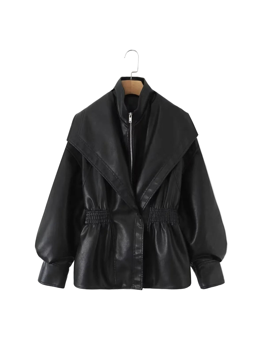 A black faux-leather jacket with a wide lapel, front zipper, and elasticized waist, hanging on a wooden hanger against a plain white background.