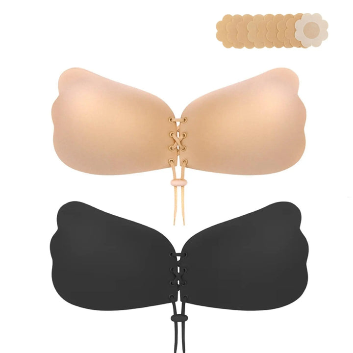 Two lace-up adhesive bra cups shown on a plain white background: one nude/beige and one black, with a small inset of additional nude shades in the top right corner.
