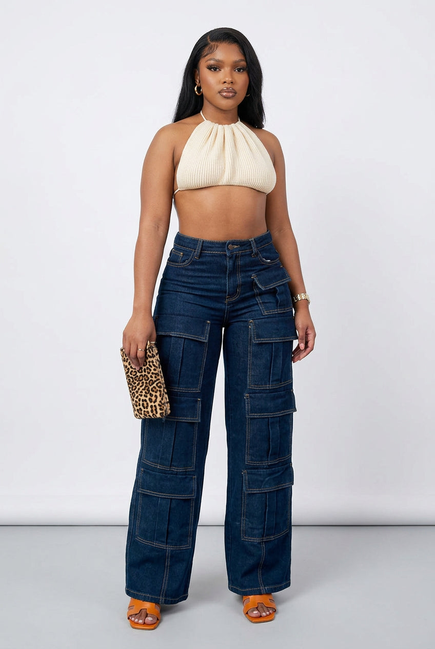 Women's Straight Leg Jeans High-Waisted Cargo Pants with Multiple Pockets and Topstitching Street Fashion Style